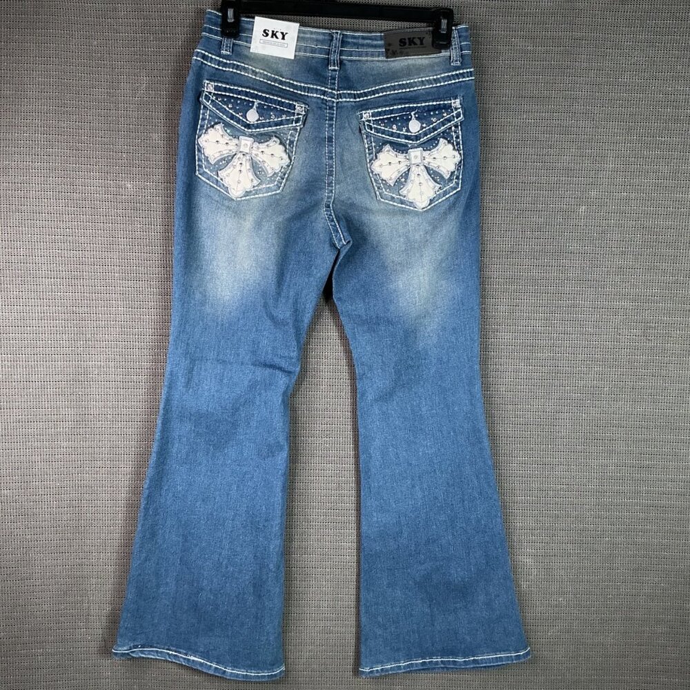 SKY Womens Size 13/14 Blue Super Soft Flare Jeans With Rhinestone Pocket Detail